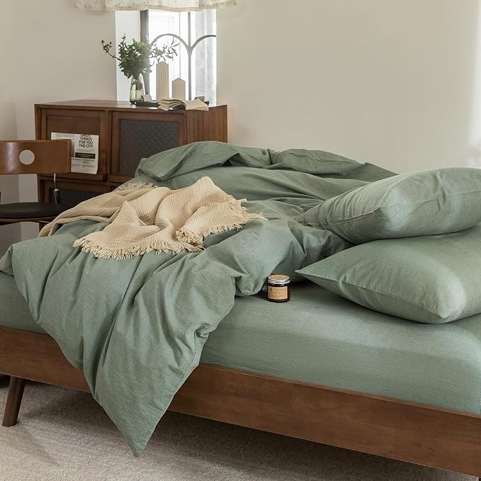 FOSSA Duvet Cover Set 100% Washed Cotton Linen Feel Super Soft Breathable Cozy Simple Style 3 Pieces Bedding Sets Solid Heathered Green King