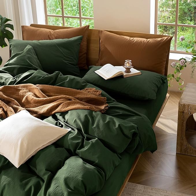 MooMee Bedding Duvet Cover Set 100% Washed Cotton Linen Like Textured Breathable Durable Soft Comfy (Solid Forest Green, Super King 108"x98")
