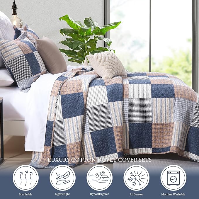 Uniclinens Plaid Quilt Set King Size, 100% Cotton Patchwork Plaid Quilt Bedding Set Bedspreads, Farmhouse Lightweight Comforter Quilted Quilt, 3 Pieces Set with 2 Pillowshams, Navy/Brown/White