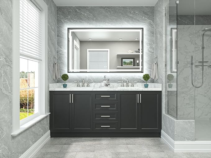 TETOTE 60 x 36 Bathroom LED Mirror Brushed Gunmetal Gray Frame Frontlit & Backlit Vanity Mirror Anti-Fog Stepless Dimmable 3 Colors White/Warm/Natural Wall-Mounted