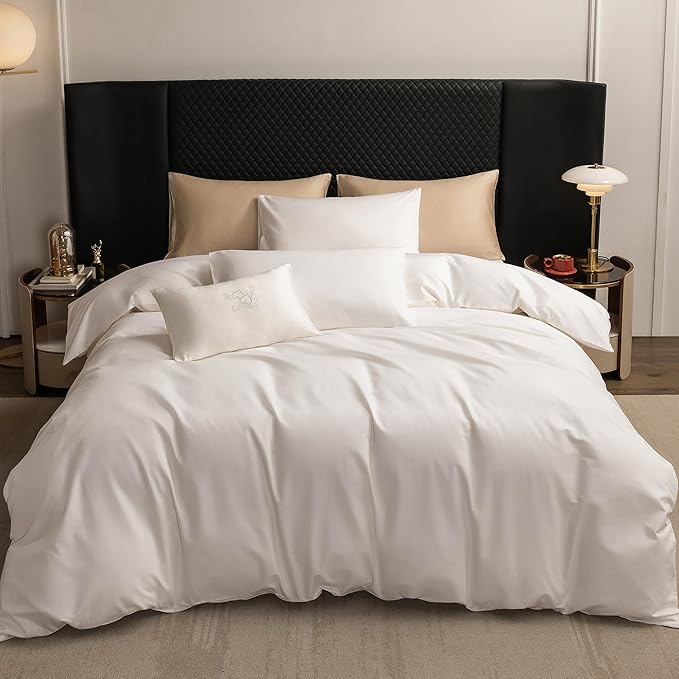 MooMee Duvet Cover Set 100% Extra Long Staple Cotton 600 Thread Count Silky Sateen Smooth Luxury Soft Breathable Durable Hotel Quality Bedding, 3 Pieces (Creamy White, King 104"x90")