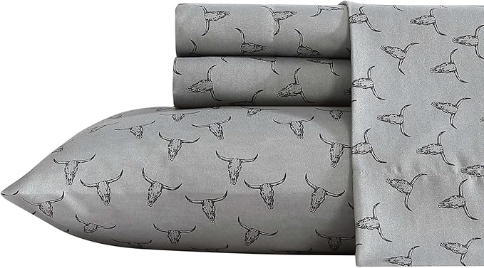 Wrangler - Twin XL Bed Sheets, Breathable & Wrinkle Resistant Bedding with Matching Pillowcase, Lightweight for Year-Round Use, Dorm Essentials (Steer Skulls Grey)