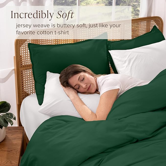 Bare Home 100% Organic Cotton Jersey Duvet Cover Set - Cal King Size - Ultra Soft - 3pc - Corner Ties - Button Closure - Bed Duvet Cover & Pillow Shams (Cal King, Forest Green)