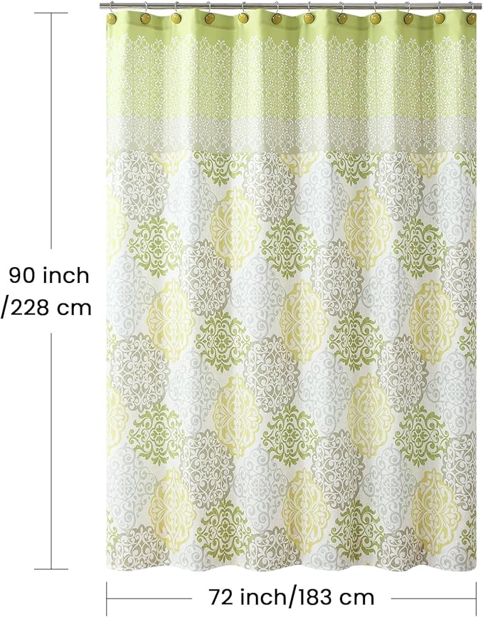90 Inch Fabric Shower Curtain, Extra Long Green Yellow Grey Boho Medallion Print Shower Curtains for Bathroom, 72" W x 90" H