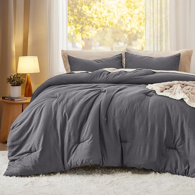 Bedsure Queen Size Comforter Set, Dark Grey Soft Prewashed Bedding for All Seasons, 3 Pieces GentleSoft™ Warm Down Alternative Bed Set, 1 Lightweight Comforter (90"x90") and 2 Pillowcases (20"x26")