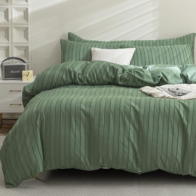 JELLYMONI Duvet Cover Oversized Queen Size Green - 3PCS Boho Striped Duvet Cover Set Polyester Tufted Bohemian Textured Comforter Cover 98×98in with Corner Ties & Zipper and 2 Pillowcases