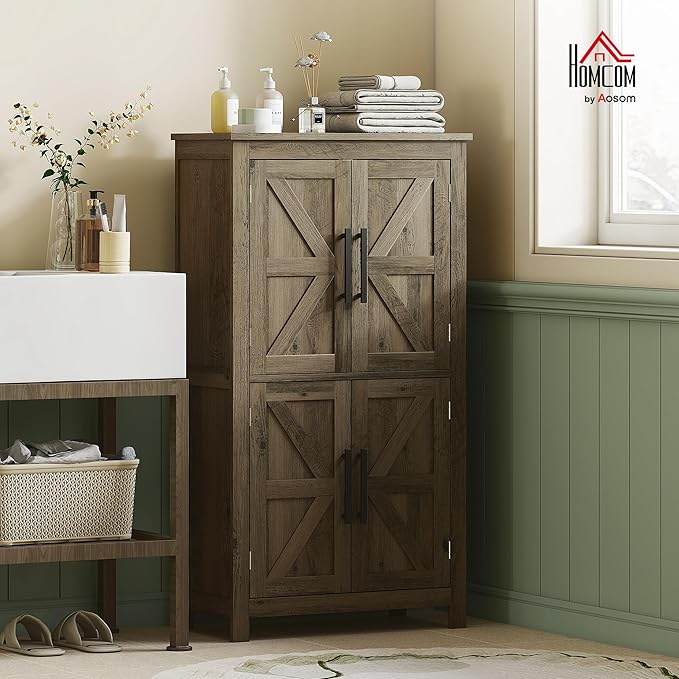 HOMCOM Farmhouse Bathroom Storage Cabinet with 4 Barn Doors, Bathroom Floor Cabinet with 2 Adjustable Shelf, Freestanding Storage Cupboard, Brown