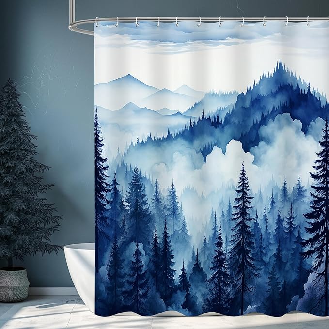 Navy Blue Long Misty Pine Forest Shower Curtain 72 x 78, Mountain Foggy Woodland Scenery Tree 78 Inch Long Shower Curtains for Bathroom, Abstract Waterproof Nature-Themed Decor