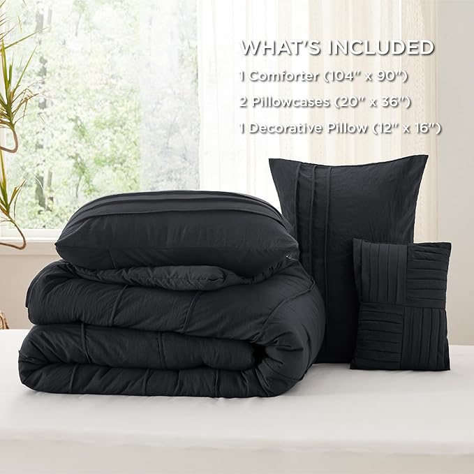 Bedsure King Comforter Set - 4 Pieces Pinch Pleat Bed Set, Black Boho Bedding for All Season, 1 Soft Comforter, 2 Pillowcases, 1 Decorative Pillow