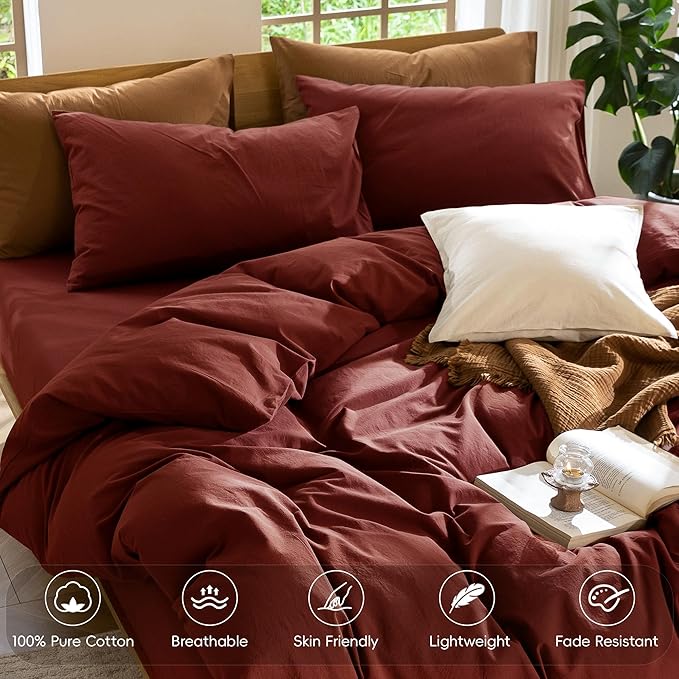 MooMee Bedding Duvet Cover Set 100% Washed Cotton Linen Like Textured Breathable Durable Soft Comfy (Solid Fired Brick Red, King 104"x90")