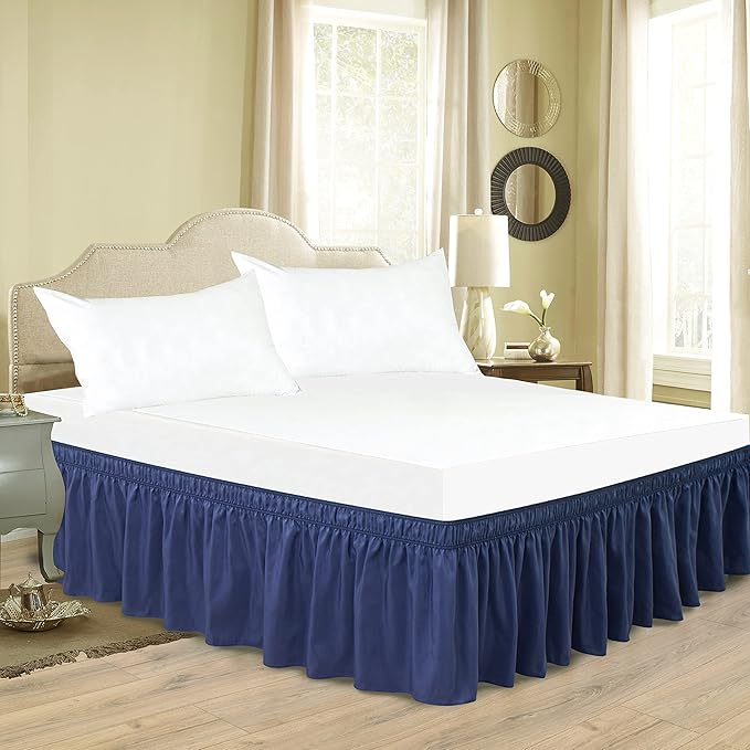 Biscaynebay Wrap Around Bed Skirts for Queen Beds Short Drop of 12", Navy Adjustable Elastic Dust Ruffles Easy Fit Wrinkle Resistant Silky Luxurious Fabric Machine Washable