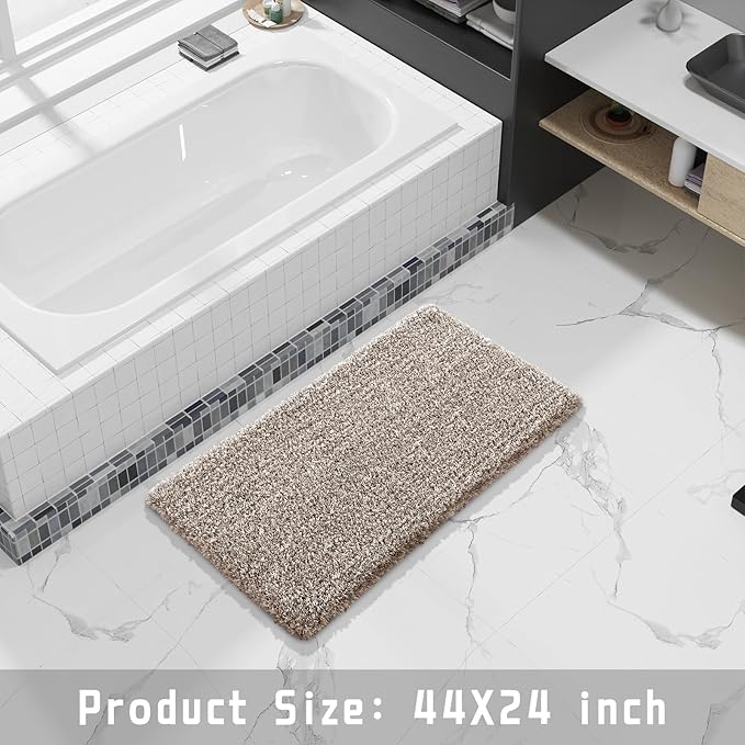 Yimobra Fluffy Plush Bath Rug, Shaggy Soft Comfortable Non Slip, Water Absorbent Microfiber Bath Mat, Dry Quick, Machine Washable Thick Bathroom Floor Rugs for Shower, 44"x 24", Light Brown and White