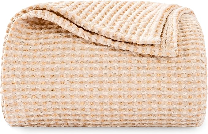 EGOHOME 100% Cotton Waffle Blanket Twin Size for Bed-Breathable and Lightweight,Soft Dual-Tone Textured Jacquard Waffle Weave Blankets for All Seasons,Banana Cream,60 x 80 Inches