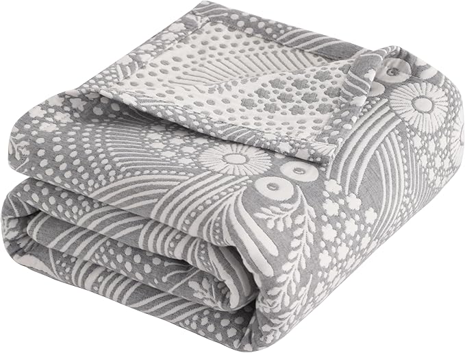 NTBAY 3 Layers Cotton Muslin 88x92 Queen Bed Blanket, Super Soft Breathable Thermal Yarn Dyed Quilt for Adults, Perfect Lightweight Blanket for Couch Sofa Bed All Seasons, Grey Star and Wheat