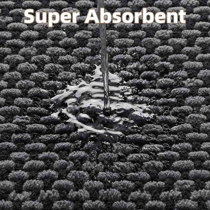 PADOOR-Bath Mat-Super Absorbent Chenille Bathroom Mats-Rubber Backed Bath Mats for Bathroom Non Slip, Easy Clean Bathroom Rugs Front of Bathtub,Shower Room,Sink-17×35, Darkgrey&Black