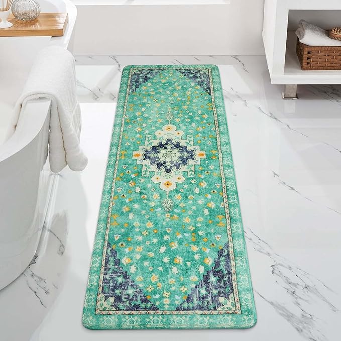 Uphome Retro Long Boho Rug Green Non-Slip Soft Bathroom Rug Runner Machine Washable Oriental Bathroom Mats Traditional Farmhouse Floral Bath Rug for Shower Tub Vanity, 20x59 inch