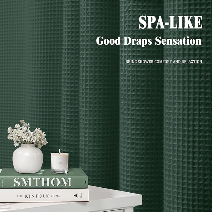Waffle Weave Shower Curtain - Dark Green Cotton Fabric Texture Heavyweight Shower Curtain for Bathroom,Washable,72Wx75L