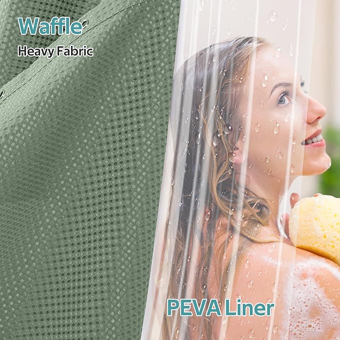 3 in 1 Shower Curtain Set, Waffle Shower Curtain and Liner Set with 6 Double Sided Shower Curtain Hooks, 258GSM Luxury Weighted Cloth Shower Curtains for Bathroom, 36 W x 72 H, Sage Green