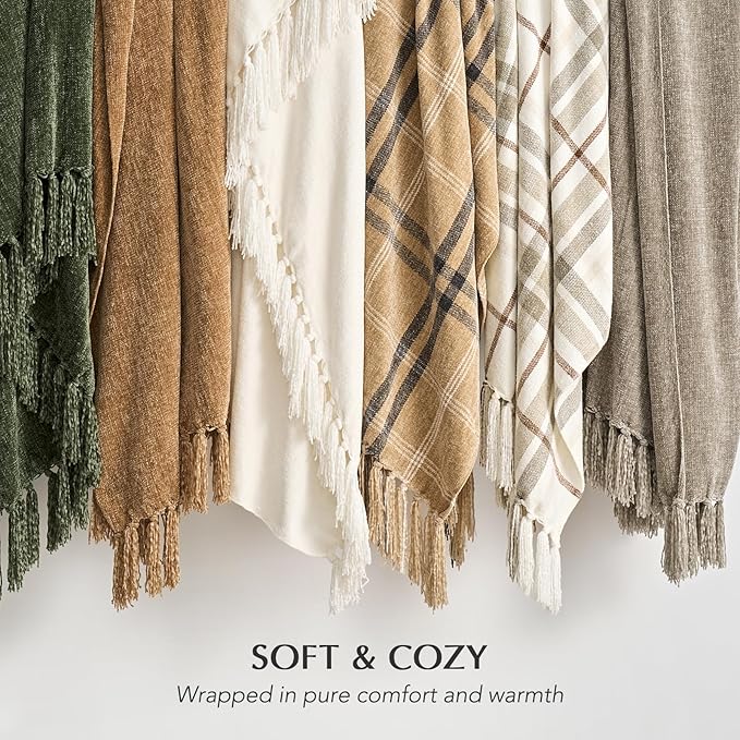 EVERGRACE Soft Chenille Throw Blanket for Couch, Cozy Plush Fuzzy Decorative Chenille Knit Throw Blanket with Tassels, Lightweight Blanket and Throws for Bed Sofa Gift Home Decor, Taupe 60"x80"