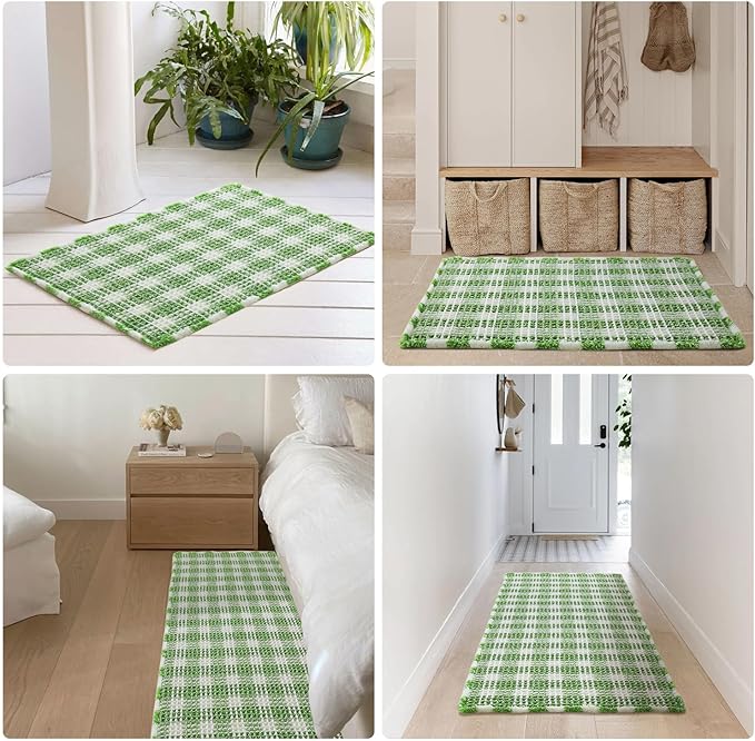 Waffle Bath Mat, Boho Bathroom Rugs Non Slip Washable Absorbent Checkered Bathroom Mat Quick Dry Cute Bath Mat, 30"x20" Green and White