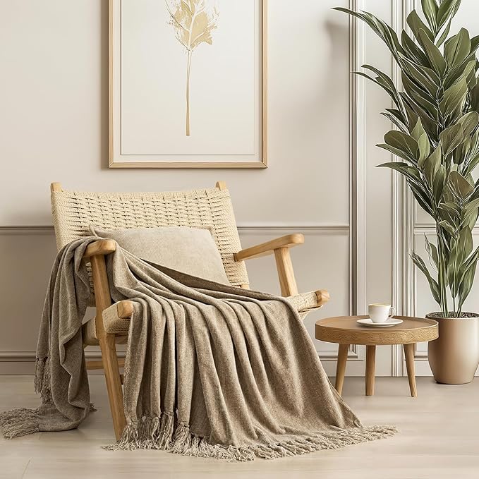 EVERGRACE Soft Chenille Throw Blanket for Couch, Cozy Plush Fuzzy Decorative Chenille Knit Throw Blanket with Tassels, Lightweight Blanket and Throws for Bed Sofa Gift Home Decor, Beige 60"x80"