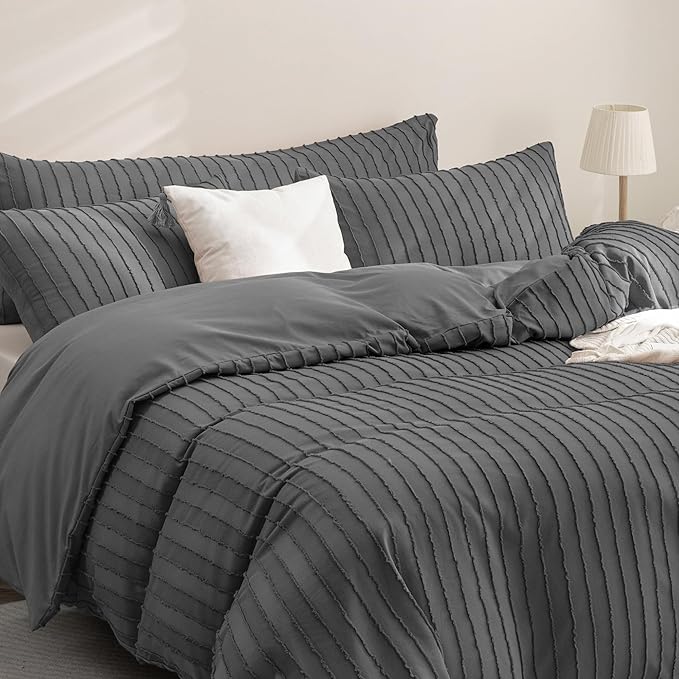 JELLYMONI Duvet Cover King Size Dark Grey - 3PCS Boho Striped Duvet Cover Set Polyester Tufted Bohemian Textured Comforter Cover 104×90in with Corner Ties & Zipper and 2 Pillowcases