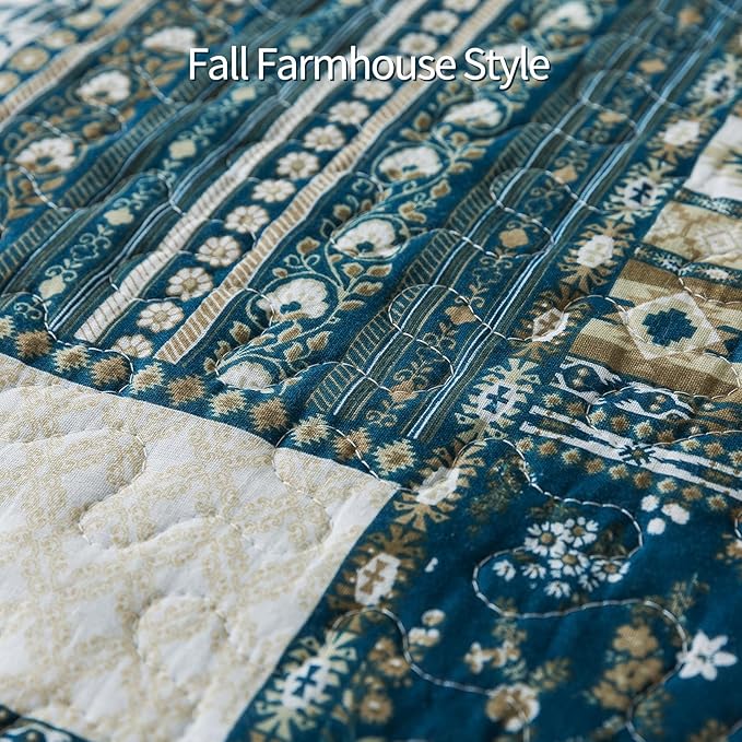 BEDIFANY Cotton Queen Size Quilt Sets, Lightweight Bedspread Queen Size Coverlet Boho Queen Quilt, Soft Farmhouse Queen Quilt Bedding Sets for Bed Decorations for All Seasons (3 Pieces, Blue)