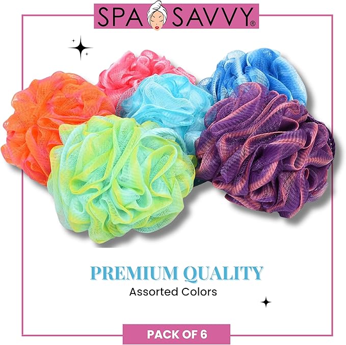 Bath Loofah Set, 6 Pack Shower Pouf Body Sponges with Suction Cups, Exfoliating Bath Accessories for Men and Women, Multicolor