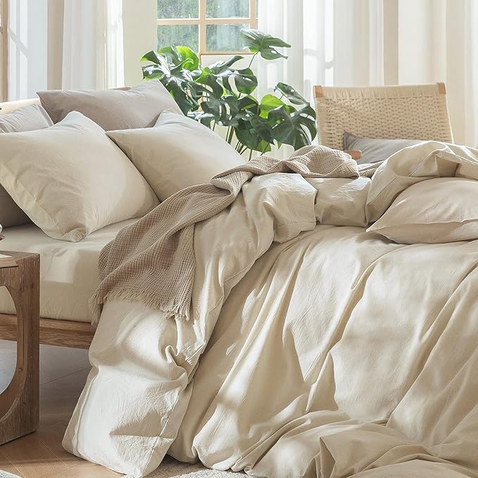 MooMee Bedding Duvet Cover Set 100% Washed Cotton Linen Like Textured Breathable Durable Soft Comfy (Heathered Almond Milk Grey, Full 80"x90")