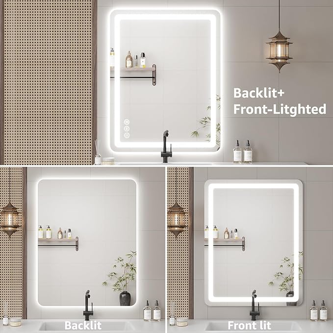 55" x 30" Led Bathroom Mirror with Lights, Anti-Fog & Tri-Color Lighting - Wall Mounted Shaving Mirror with Touch Sensor, Waterproof & Smart LED Vanity Mirror,Tempered Glass, Dimmable Smart Mirror