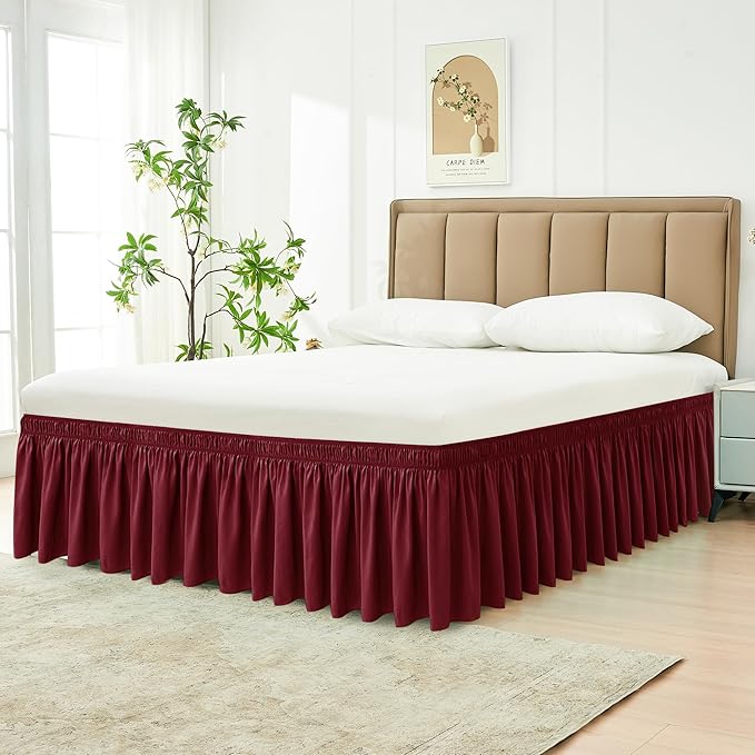 Biscaynebay Wrap Around Bed Skirts for Queen Beds 14" Drop, Burgundy Adjustable Elastic Dust Ruffles Easy Fit Wrinkle & Fade Resistant Silky Luxurious Fabric Solid Machine Washable