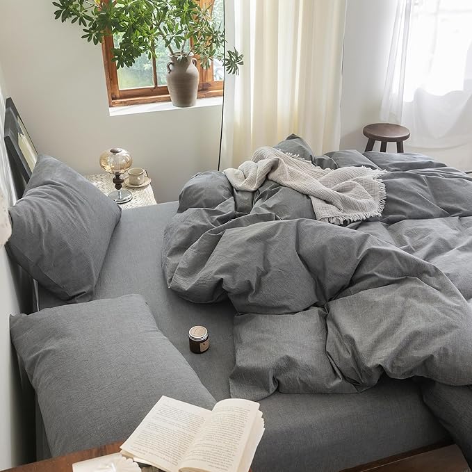 FOSSA Duvet Cover Set 100% Washed Cotton Linen Feel Super Soft Breathable Cozy 3 Pieces Bedding Sets Solid Dark Grey California King
