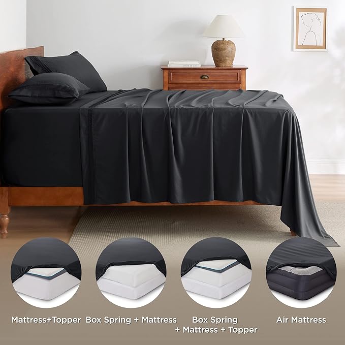 Bedsure Twin XL Sheets Dorm Bedding, GentleSoft Breathable Extra Long Twin Sheets & Pillowcases, Moisture Wicking Cooling, Deep Pocket Fits Mattress Up to 21 Inches Thick, Black