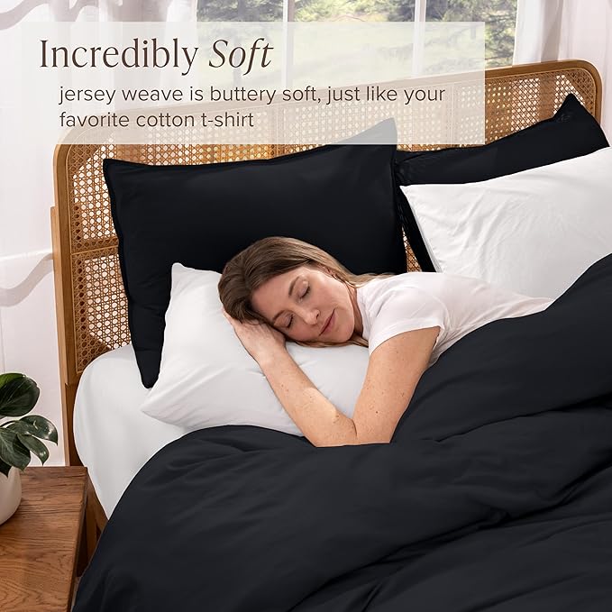 Bare Home 100% Organic Cotton Jersey Duvet Cover Set - Twin/Twin XL Size - Ultra Soft - 100% Cotton - 2pcs - Corner Ties - Button Closure - Bedding Duvet Cover & Pillow Shams (Black)