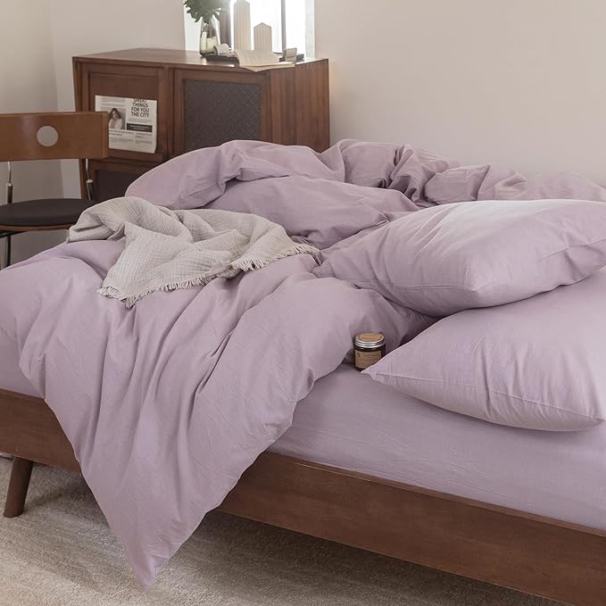 FOSSA Duvet Cover Set 100% Washed Cotton Linen Feel Super Soft Breathable Cozy 3 Pieces Bedding Sets Solid Light Purple Queen