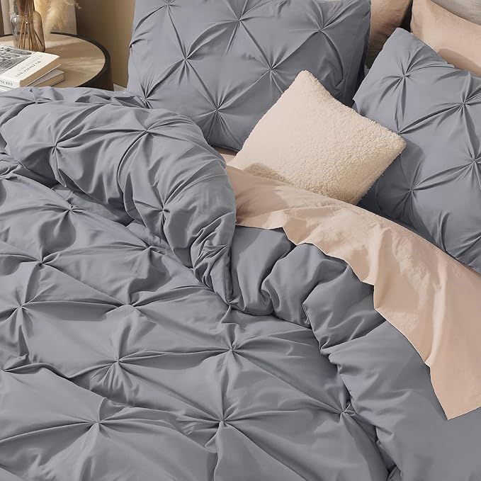 Litanika Dark Grey Oversized King Pinch Pleat Duvet Cover, 3 Pieces Pintuck Cover Soft Microfiber Bedding Set with Zipper Closure & Corner Ties(1 Duvet Cover, 2 Pillowcases)