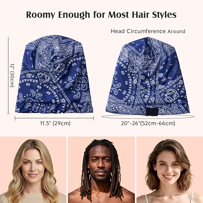 YFONG Print Pure Silk Lined Beanies for Women & Men, 22 MM Mulberry Silk Bonnet for Sleeping, Chemo Headwear, Adjustable Stay on Slouchy Hat Cap for Curly Long Hair & Braids, Blue