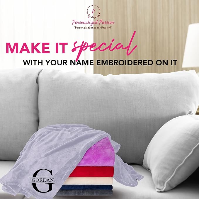Personalized Passion Blankets with Custom Name & Initial Monogram - Super Soft and Cozy Fleece - Unisex Custom Blanket for Him and Her - 60x40 Inches - Silver