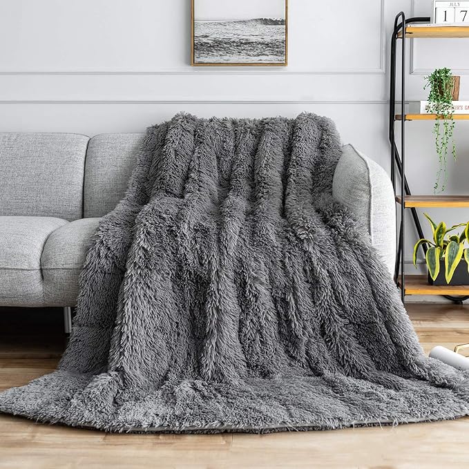 Uttermara Weighted Blanket Queen Size 15 Pounds for Adults, Sherpa Faux Fur Heavy Blanket for Couch Bed, Super Soft Plush Fleece & Cozy Sherpa Reverse, Luxury Long Fur Throw Blankets, 60" x 80", Gray