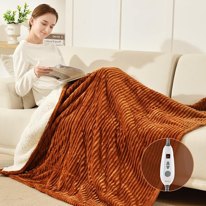 Bearhug Heated Throw Blanket, Ribbed Flannel & Sherpa 50"x60" Fast Heating Electric Blanket, 6 Heating Levels & 4H Auto Off, Over Heat Protection, Machine Washable