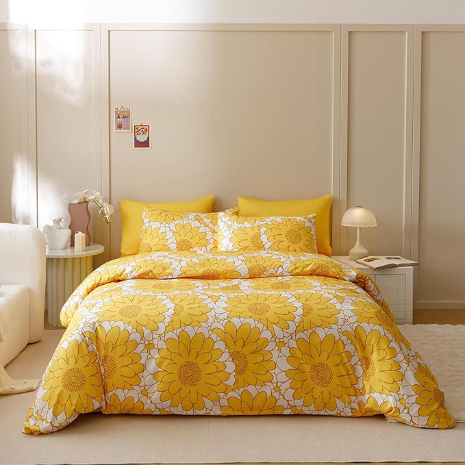 KAREVER Yellow Sunflower Comforter Set Full Size Yellow Sunflower Bedding Set 3 PCs Comforter Set Full Size Fluffy Linen Comforter Sets