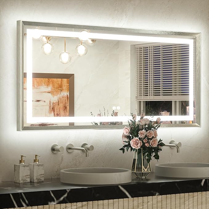 TETOTE 48 x 24 Bathroom LED Mirror Brushed Bright Nickel Metal Frame Frontlit & Backlit Vanity Mirror Stepless Dimmable Anti-Fog 3 Colors White/Warm/Natural Light up Vanity Mirror Wall-Mounted