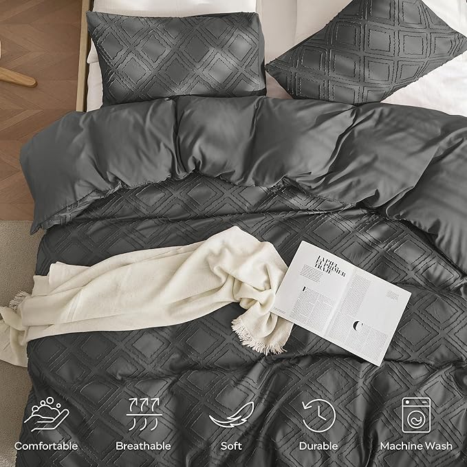 JELLYMONI Duvet Cover Full Size Dark Grey - 3PCS Boho Duvet Cover Set Plaid Polyester Tufted Bohemian Jacquard Knit Textured Comforter Cover 80×90in Rhombic Geometric Pattern Corner Ties & Zipper