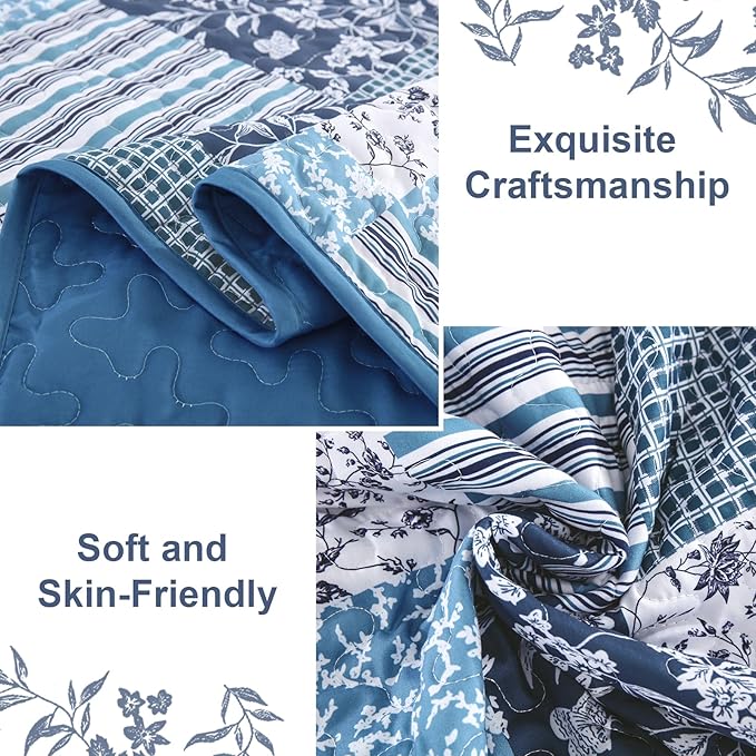Mybedsoul Navy Blue Quilt Set Queen Size, 3 Pieces Plaid Floral Bedspread Set Patchwork Reversible Bedding Set Microfiber Lightweight Bedspread Coverlet Set for All Season 96"x90"