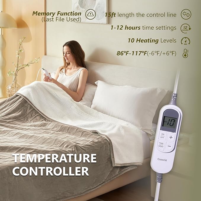 Heat Blanket 72”x84” Full Size,Soft Flannel & Sherpa Reversible Electric Blanket with 10 Heat Settings,12 Timer Setting and 8 Hours Auto-Shut Off,ETL Certified Machine Washable,Light Brown