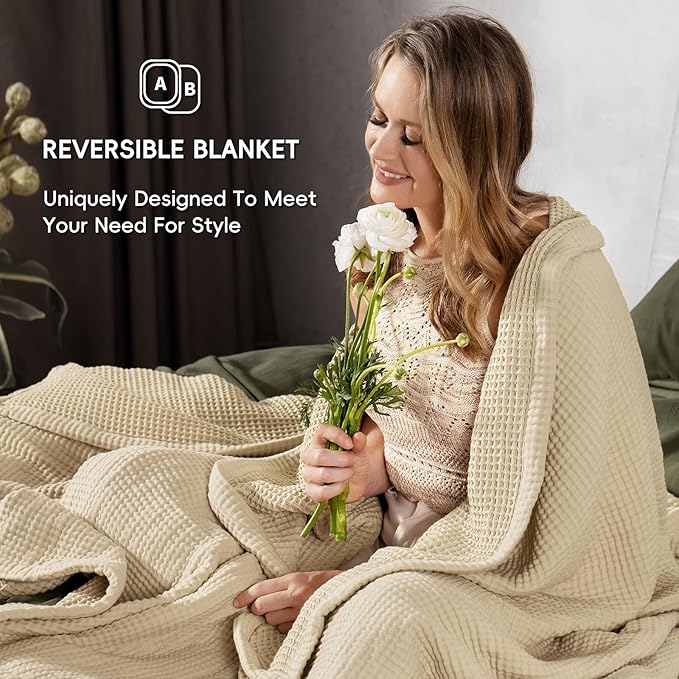 PHF 100% Cotton Waffle & Muslin Blanket Twin Size, Soft Breathable Luxury 400GSM Versatile Reversible Bedding for Bed, Great for Layering in Cold Weather, Home Decor Gift, 66" x 90", French Oak