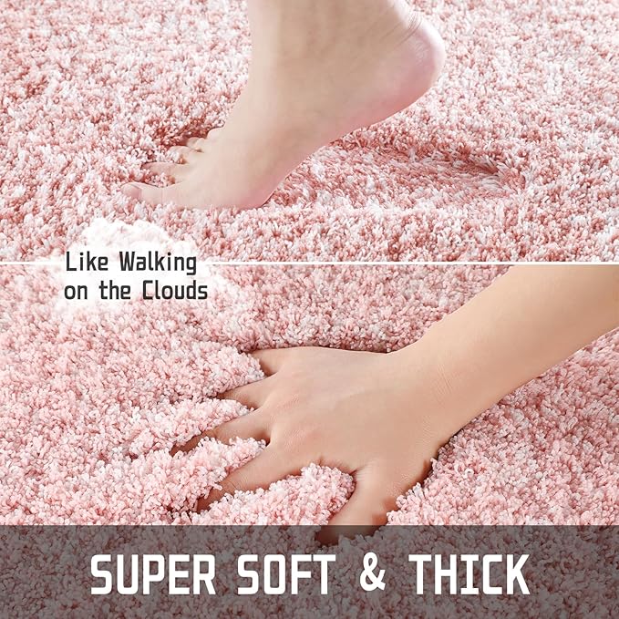 Yimobra Luxury Bathroom Rugs, Fluffy Bath Mats, Non Slip, Water Absorbent Microfiber, Machine Washable, Plush Carpet Shower Rugs, Thick Matts for Bathroom Floor&Tub, 44"x 24", Light Pink and White