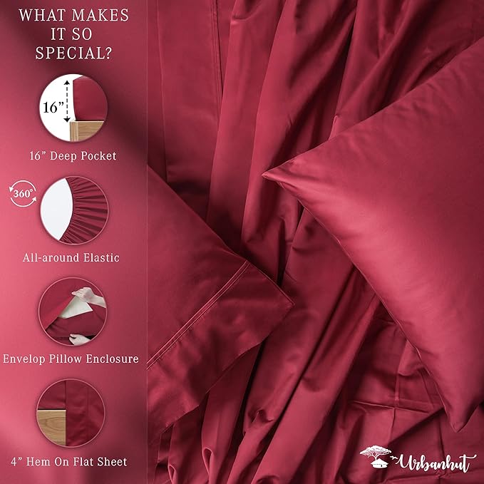 URBANHUT 1000 Thread Count California King Bed Sheets Egyptian Cotton Sheet Set, Long Staple Soft & Breathable, 4 Pc Bed Sheet Sets, Luxury Hotel Sateen Sheets Fits 16" Deep Pocket - Burgundy