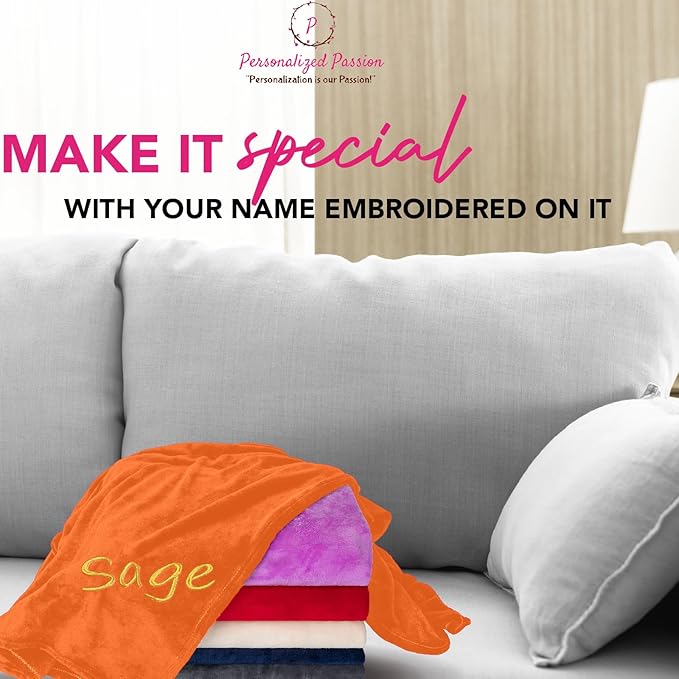 Personalized Blankets for Adults - Custom Blanket with Embroidered Name or Monogram - Soft Fleece Throw Cover for Bed & Couch - Orange (60"x80")