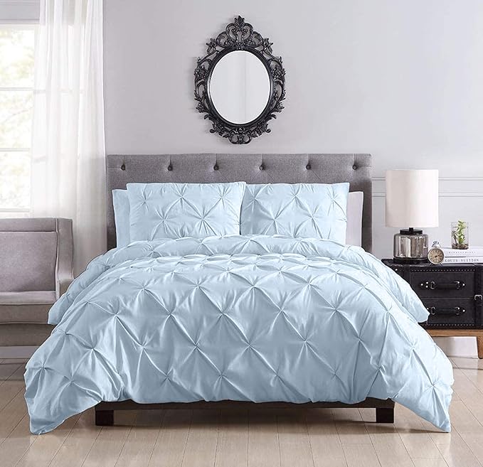 Pinch Pleated Duvet Cover Set 100% Brushed Microfiber 3PC Queen Size 90x90 Duvet Cover Set, Decorative Pinch Design Sky Blue Duvet Cover with Matching Pillow Case
